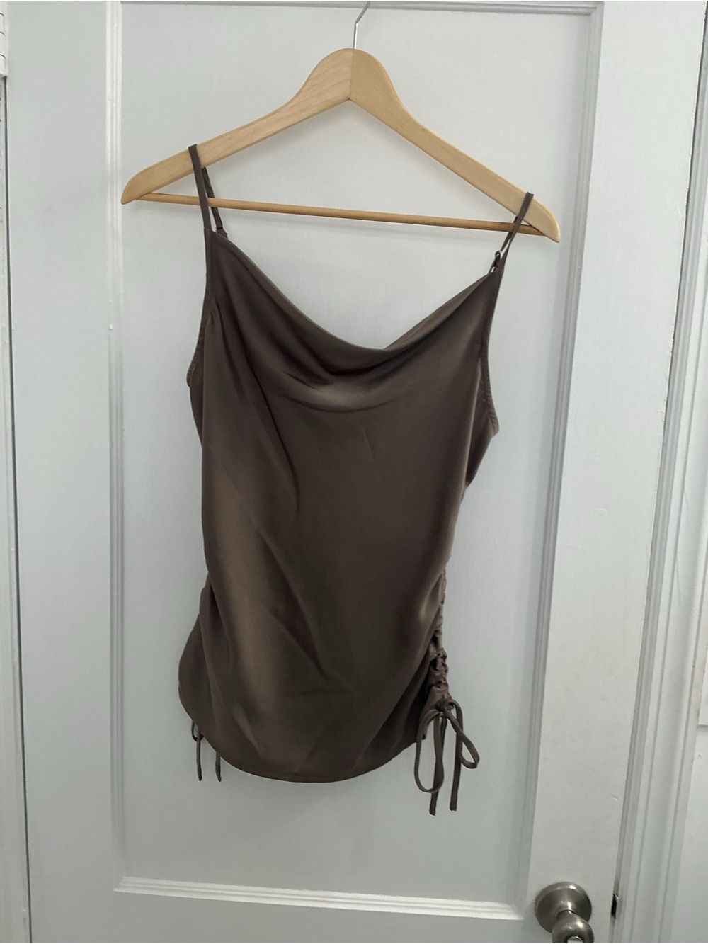 1. State Taupe Cowl Neck Camisole with Side Tie Ruching